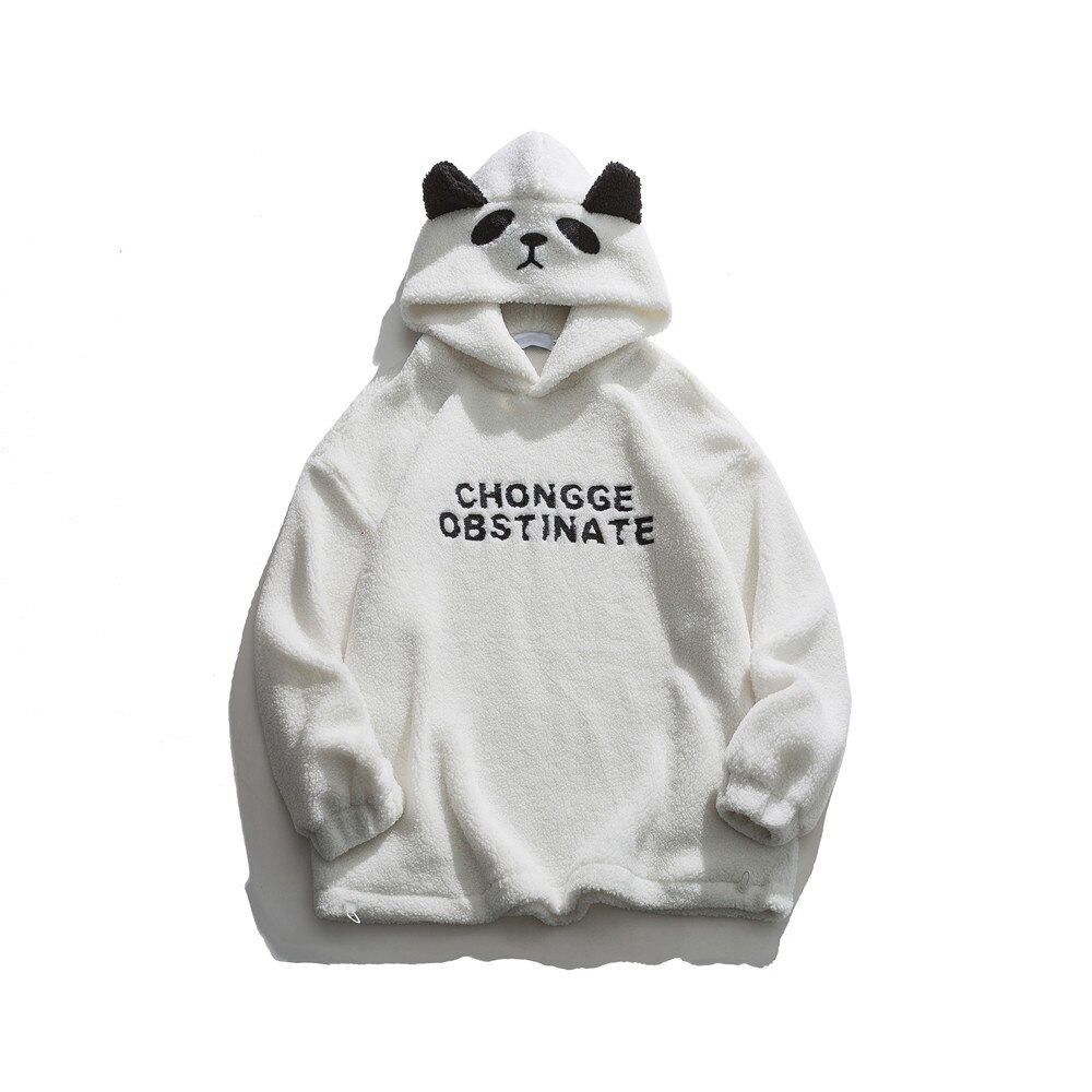 Dark Icon Panda Lovely Sherpa Hoodie Men Women Letters Embroiery Oversized Men's Hoodies Student Hoodie Boy Girl Sweatershirts: white / S