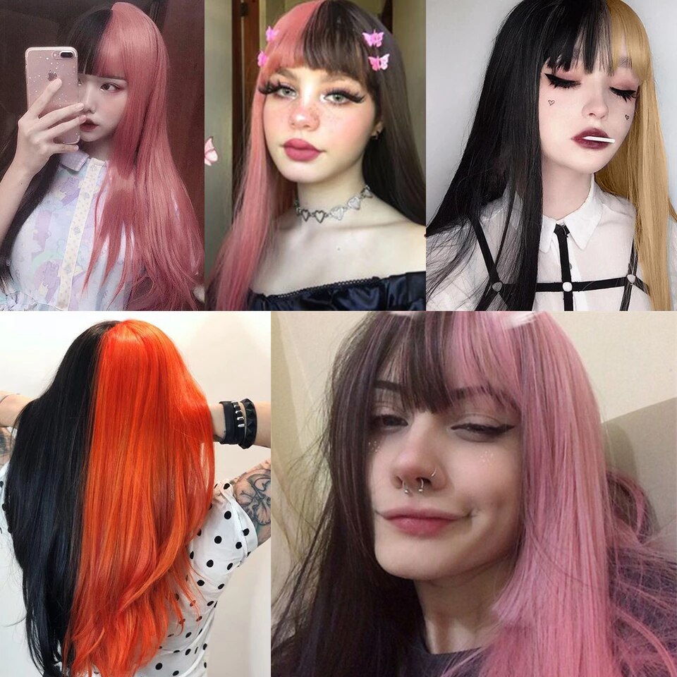 Shangke Synthetische Pruik Vrouwelijke Lange Rechte Hittebestendige Roze Paars Blond Wit Lolita Pruiken Cosplay Halloween Gekleurde Pruik