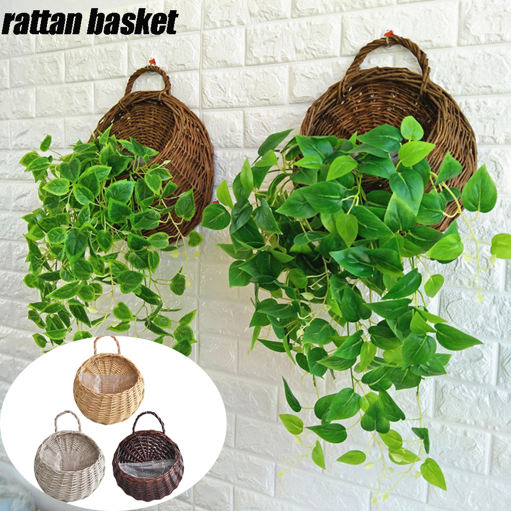 Hengende blomsterkasse veggmontert kurv håndlaget flettet blomsterpotte vevd rotting blomsterkurv balkong hage hjemdekor