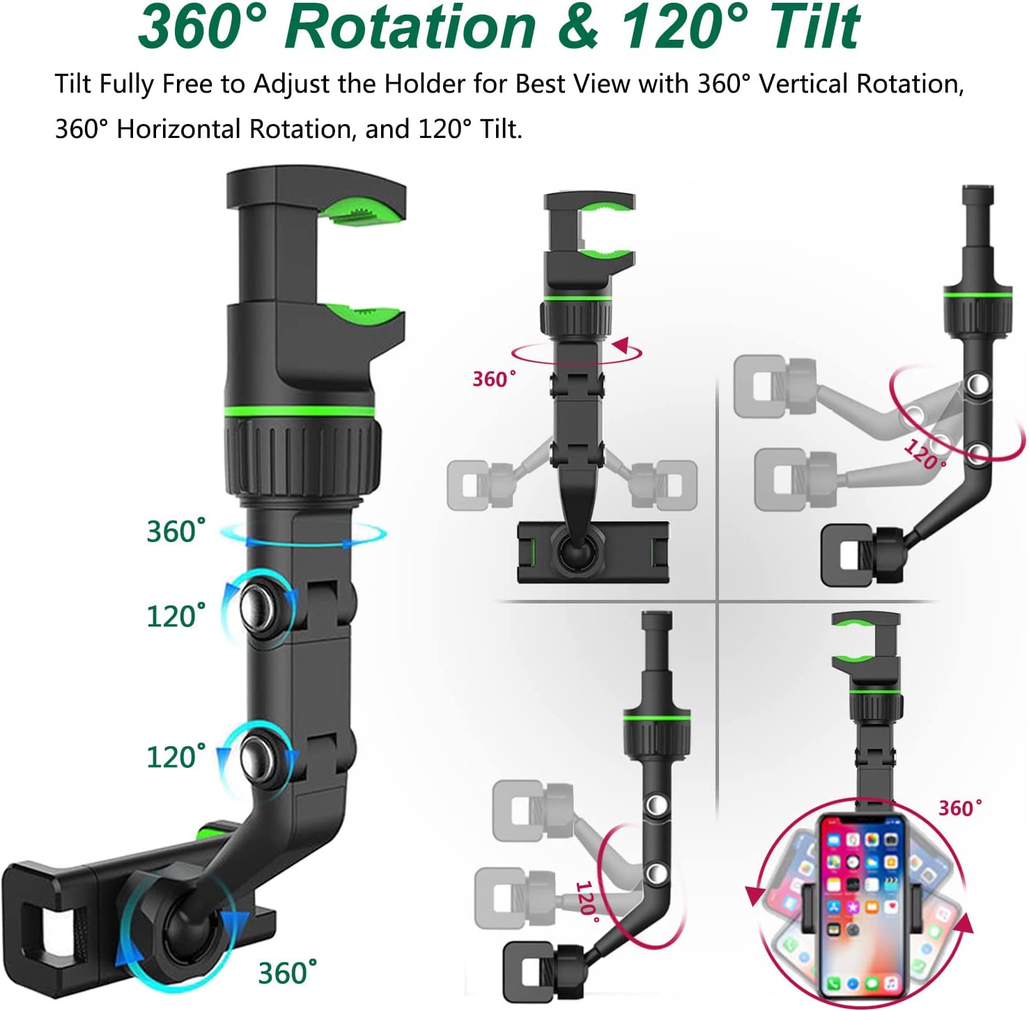 Soporte para teléfono con espejo retrovisor para coche, 360 ° Soporte giratorio para teléfono, soporte universal para teléfono de coche con soporte para GPS para todos los teléfonos inteligentes