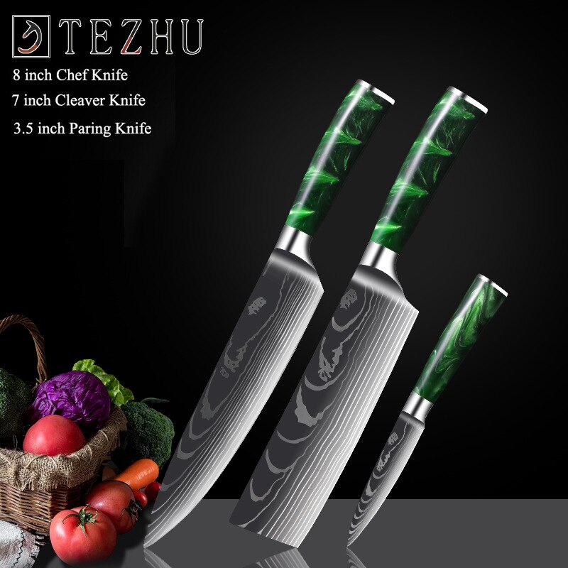 Professionele Keuken Messen Set Japanse High Carbon Staal Chef Messen Imitatie Damascus Patroon Slicer Santokumes Set: 3pcs A