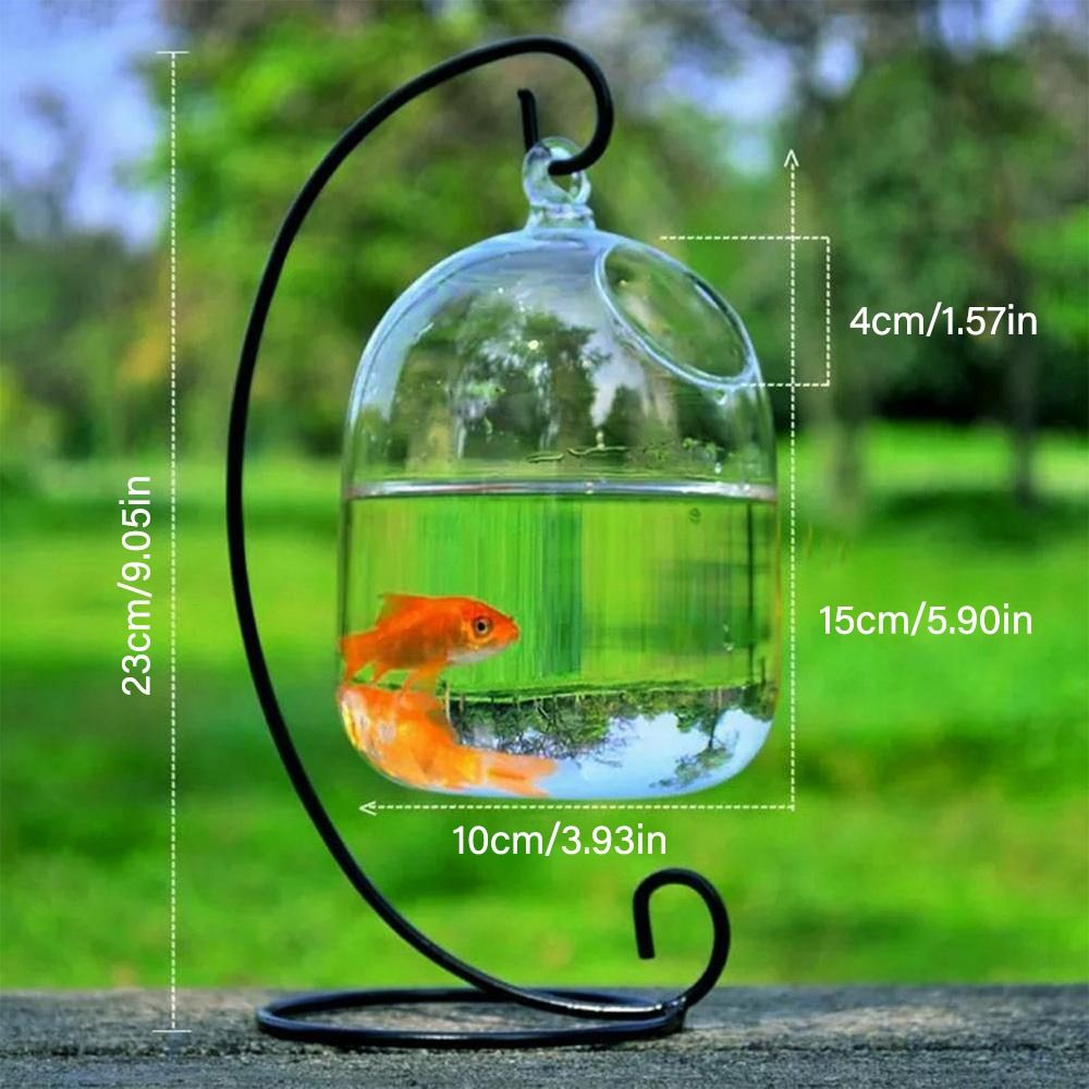 Rund/rektangulær form hengende glass akvarium fisk tank fiskeskål gjennomsiktig vase ornament med stativholder hjemdekorasjon