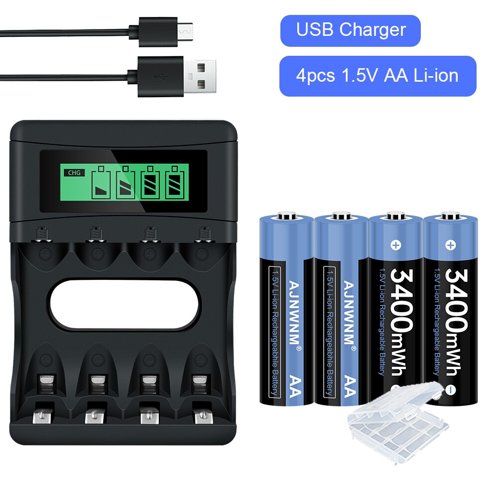 1.5V AA Rechargeable Battery 3400mWh Rechargeable Battery AA 1.5V for Controller Camera AA 1.5V Rechargeable Battery AA 1.5V: 4AA and charger