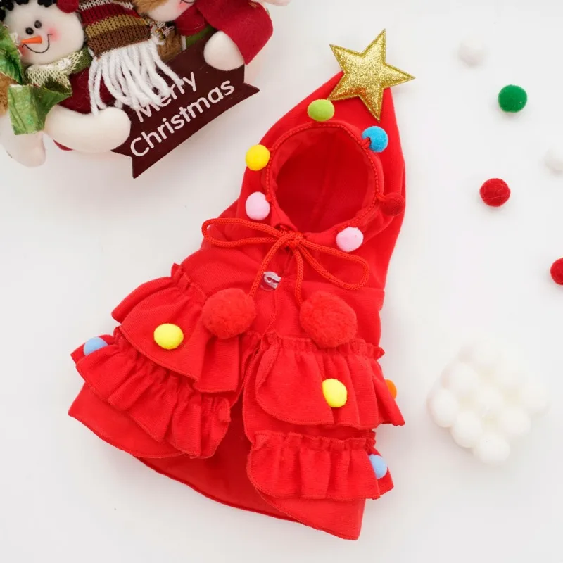 Christmas Pet Cosplay Cute Xmas Tree Role Play Bodysuit Dog Hooded Cloak Year Winter Season Warm Costume Unisex Home Party