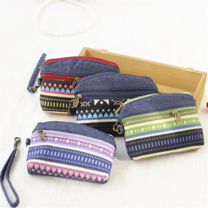 Women Ethnic Cotton Fabric Coin Purse Clutch Key Card Holder Children Kids Wallet Double Zipper Coin Purses porte monnaie femme