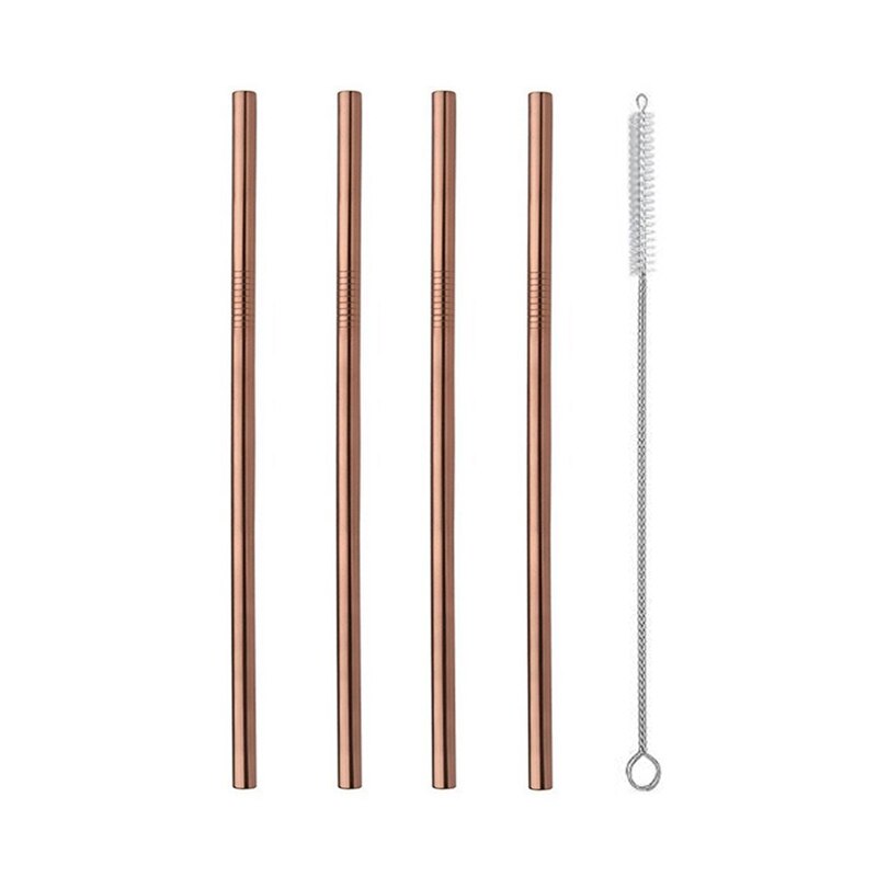4/8Pcs Edelstahl Strohhalme Metall Wiederverwendbare Trinken Stroh Gold Gerade Gebogen Stroh Mit Reinigung Pinsel und Tasche: Rose Gold(4Pcs)