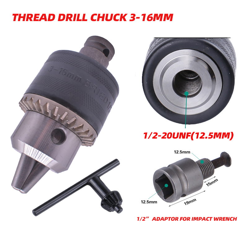 Drill Chuck &amp; Drill Chuck Adapter Convert Impact Wrench Into Electric Drill - 1/2"-20UNF &amp; 3/8"-24UNF Thread 3 Jaw Chuck