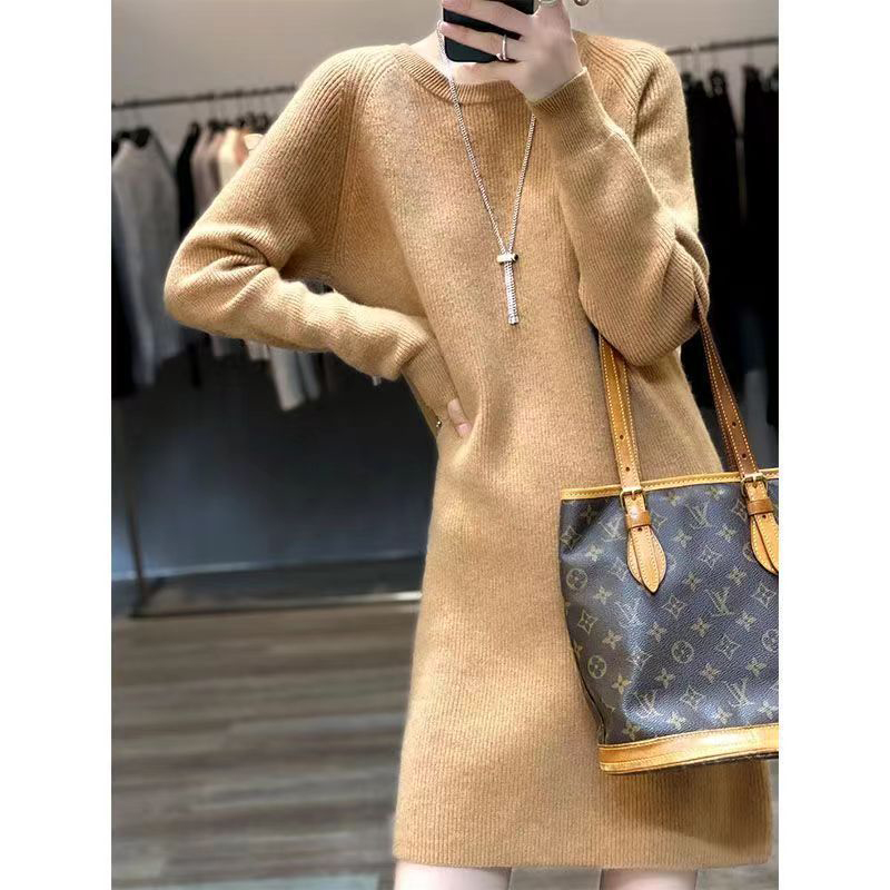 Herfst Winter Dames O-Hals Effen Kleur Breien Jurk Dames Losse Casual Toevoegen Fluwelen Bodemgewaad Femme Vestidos De Fiesta