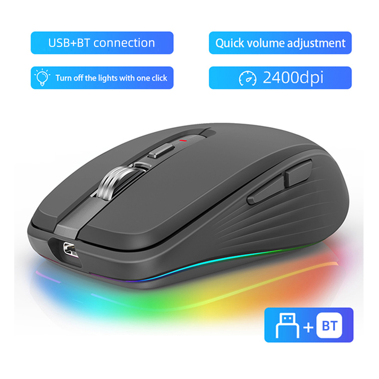 Dual-mode draadloze muis USB2.4G+BT5.1 Type-C oplaadbare gamingmuis Ergonomisch 2400 DPI met RGB-lichtmuizen
