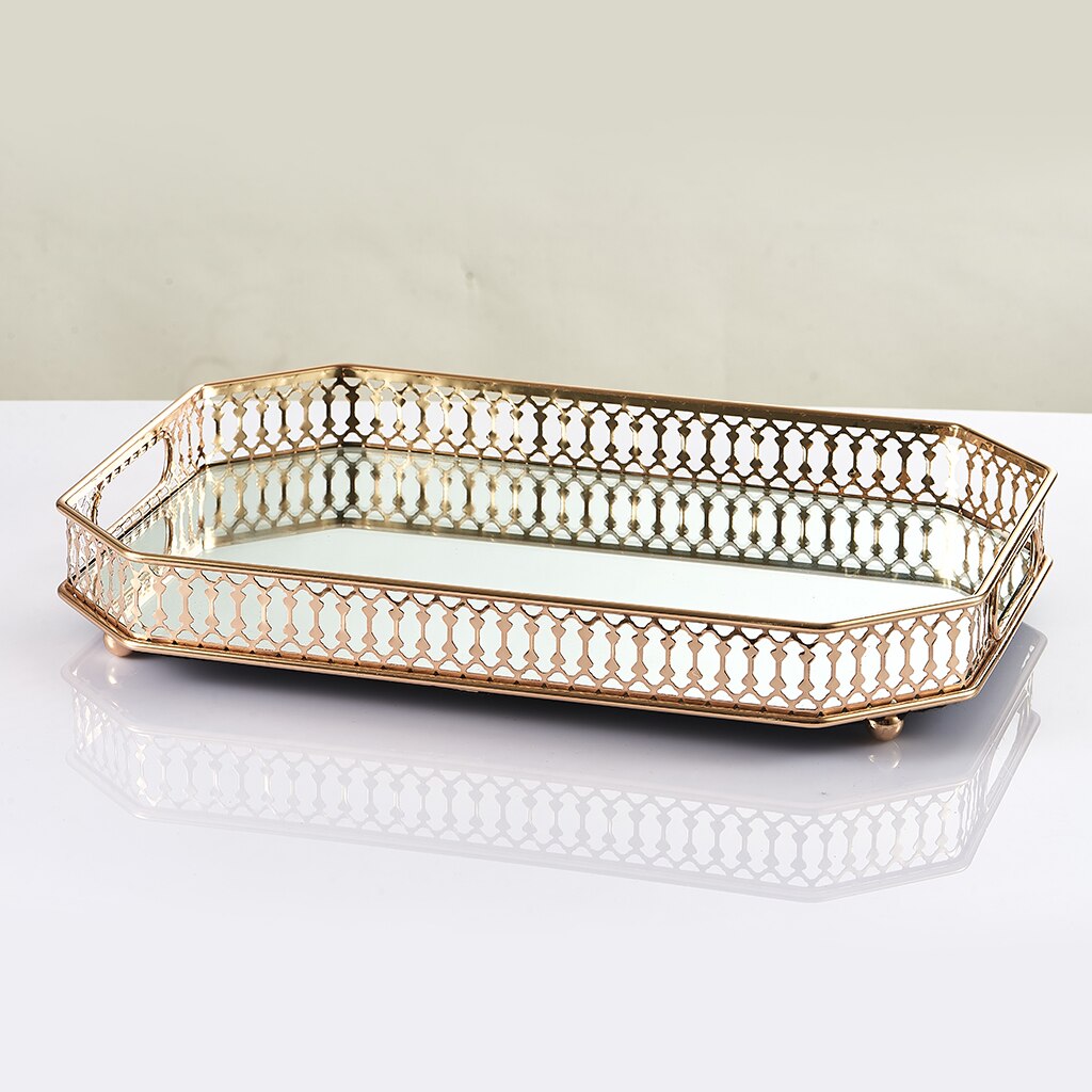 Mirrored Crystal Vanity Tray - Ornate Decorative Tray for Perfume, Jewelry and Makeup (14 x 10 inches, Gold)