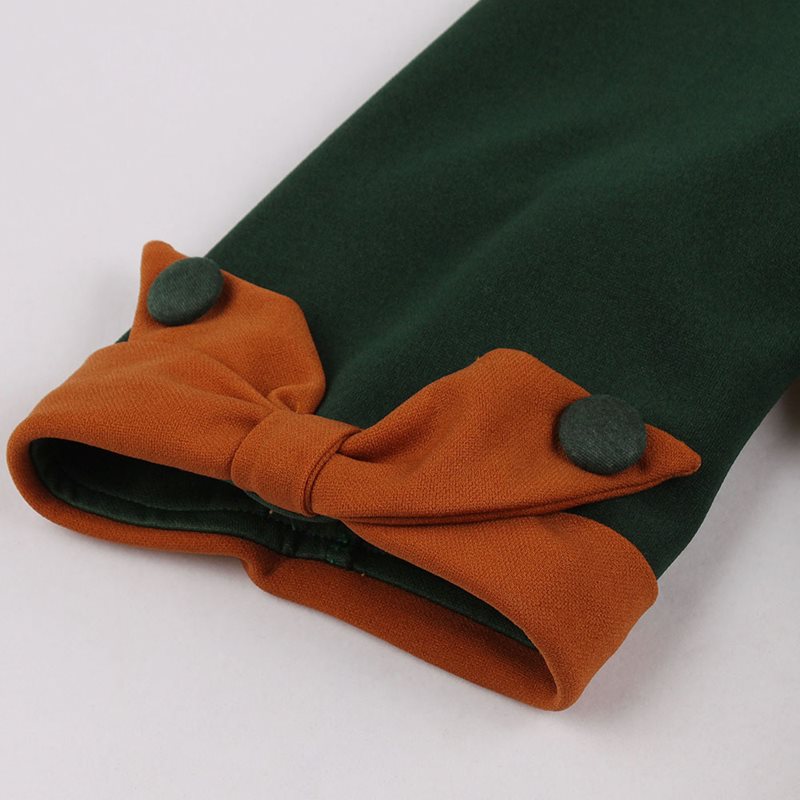 Sisjuly Vrouwen Groene Retro Jurken Vrouwelijke Boog Kraag Vintage Jurken Patchwork Knielange Office Lady Jurken Chic Elegante