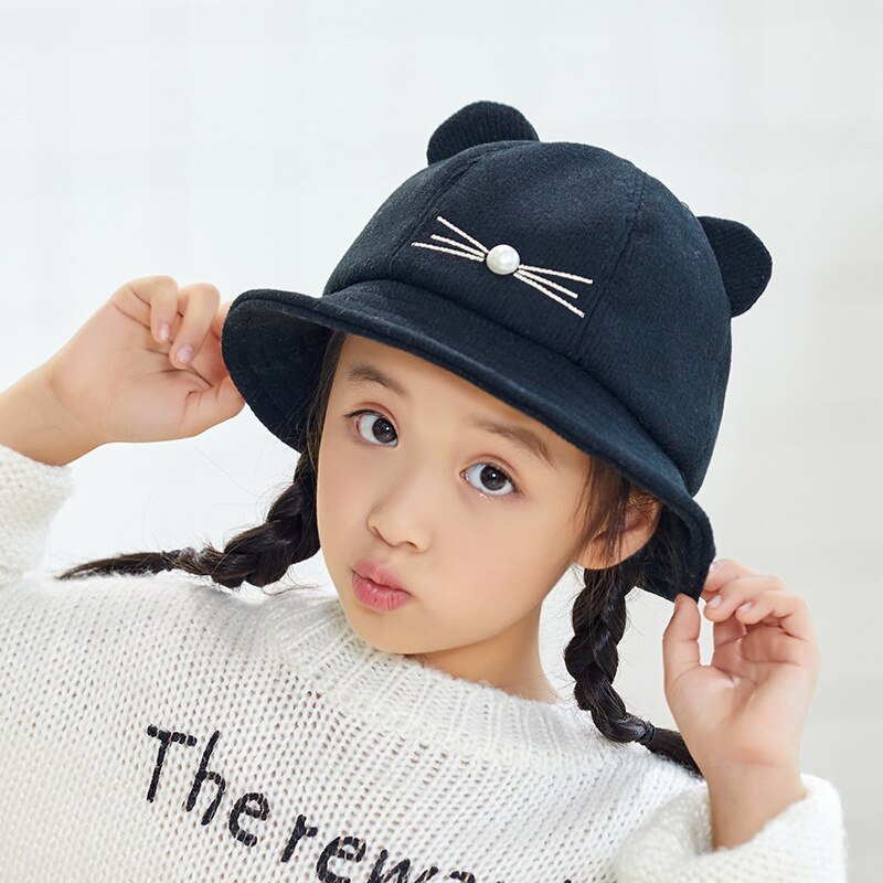 Winter Bucket Sun Hat Cute Outdoor Cat Ear Hats kid Thick Warm Caps Autumn: Black