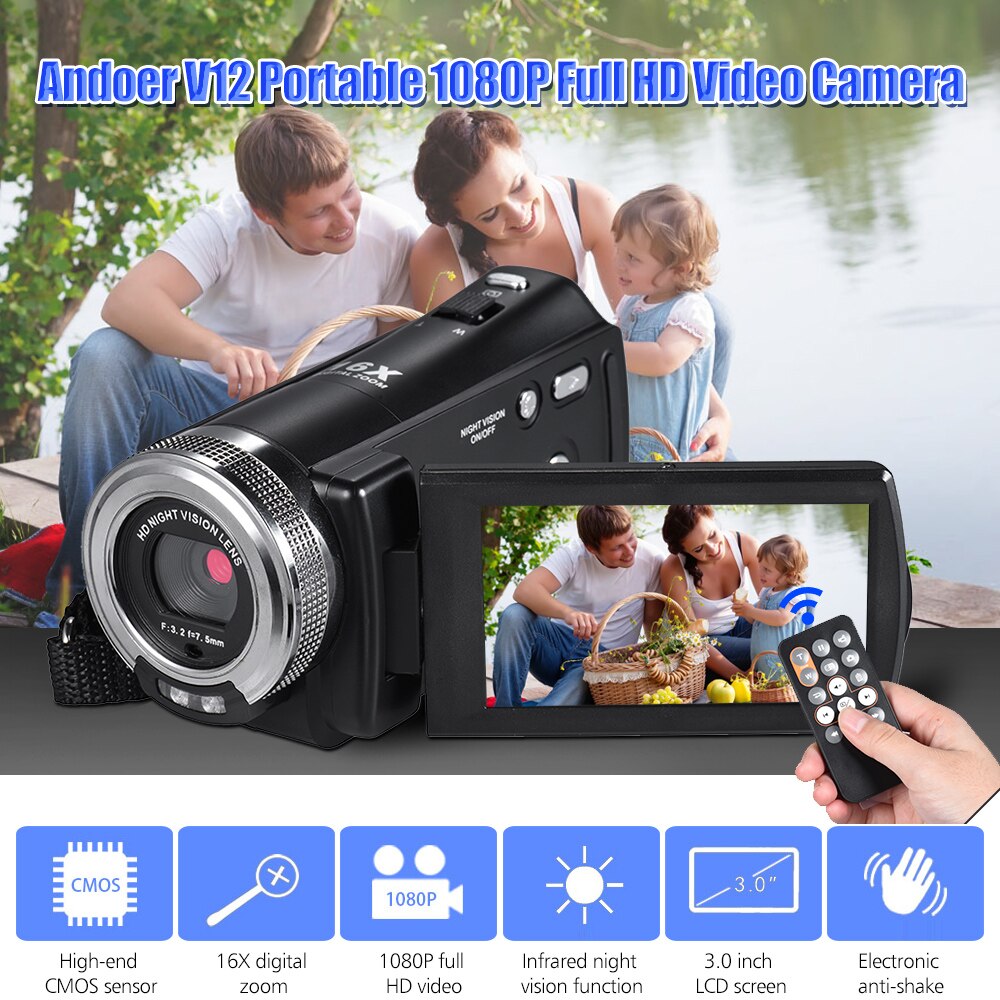 Andoer V12 1080P HD 16X appareil photo numérique Zoom enregistrement caméra vidéo caméscope Portable 3.0 pouces écran LCD