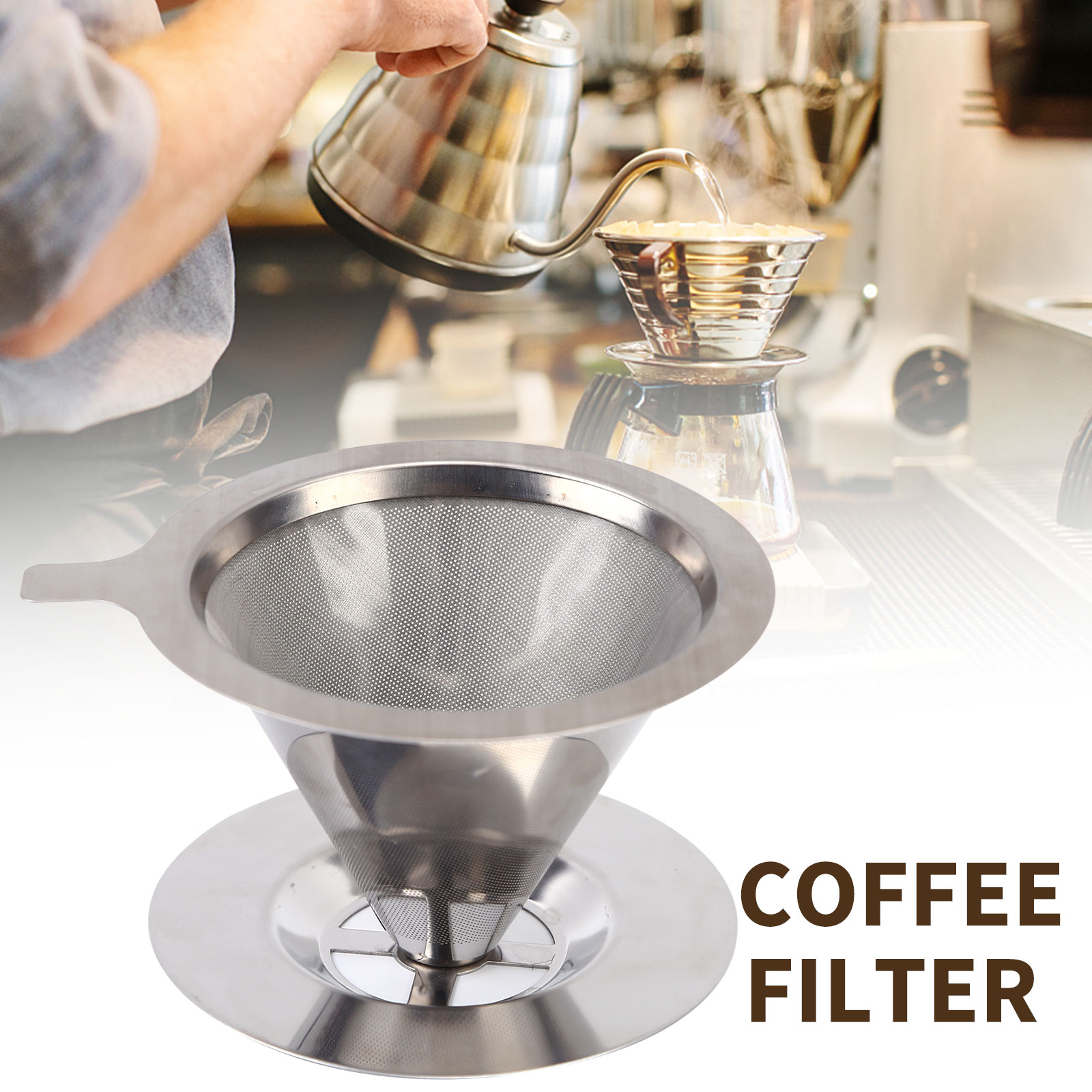 Pour Over Coffee Dripper Stainless Steel Slow Drip Coffee Filter with Cup Stand + Brush Reusable Single Drip Brew Coffee Maker
