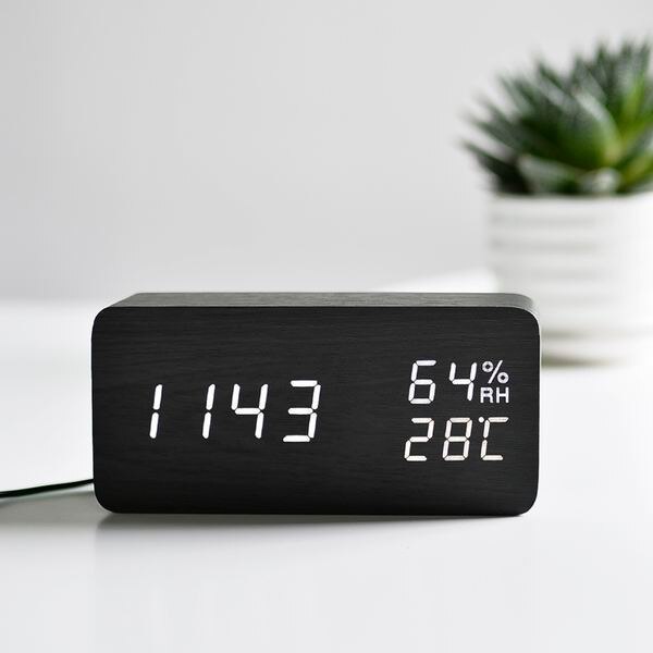 FiBiSonic Modern Simple LED Alarm Clock Temperature Humidity Show Clock Desktop Electronic Sound Control Digital Clocks Table De: black with white