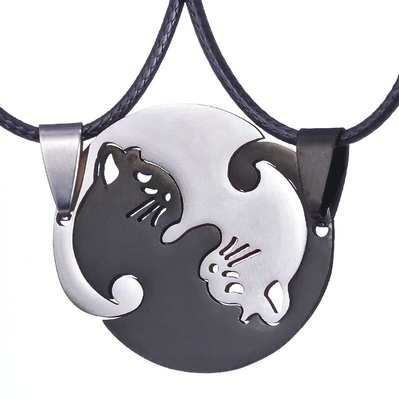 De acero inoxidable blanco negro Gato Kitty colgante rompecabezas collar a juego de la cadena para amante pareja de San Valentín: Black Silver