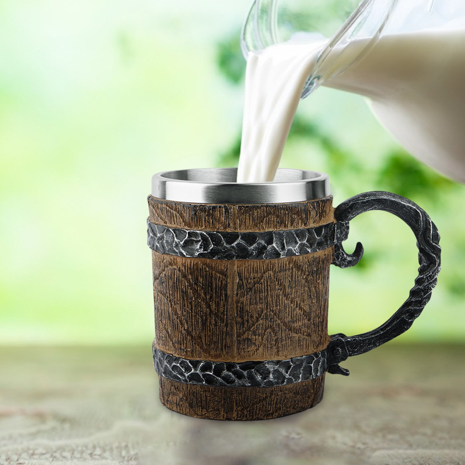 Wasser Tasse Eiche Barrel Bier Becher Edelstahl Nachahmung Eisen Griff Becher Persönlichkeit Büro Harz Handwerk Große Wasser Glas Becher