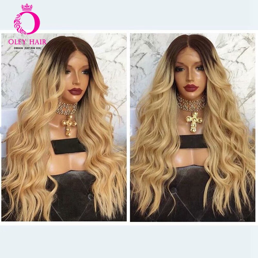 OLEY Hair Ombre Black Root Blonde Wig Glueless Synthetic Lace Front Wig High Density Middle Part Wig For Black Women