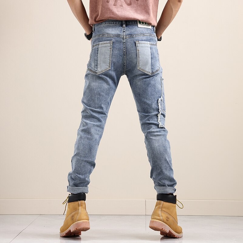 Embroidered Camouflage Patch Jeans Men Splicing Streetwear Male Wear Ripped Hole Skinny Jeans Denim Trousers