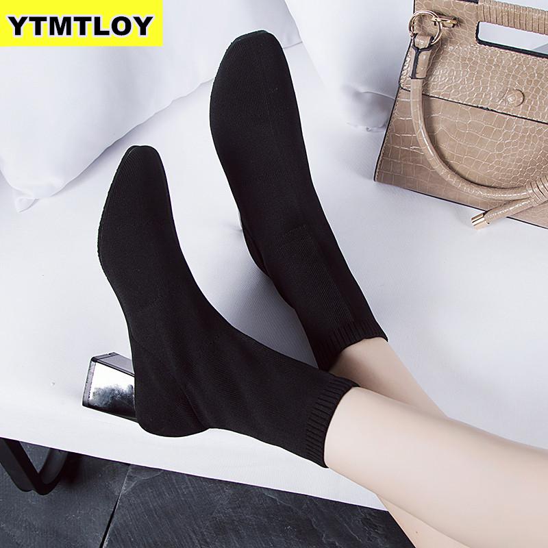 Kobiety czarne kostki skarpety buty 2019 moda wiosna jesień rozciągać masywne szpilki na wysokim obcasie szpiczasty buty z palcami zima Zapatos De Mujer