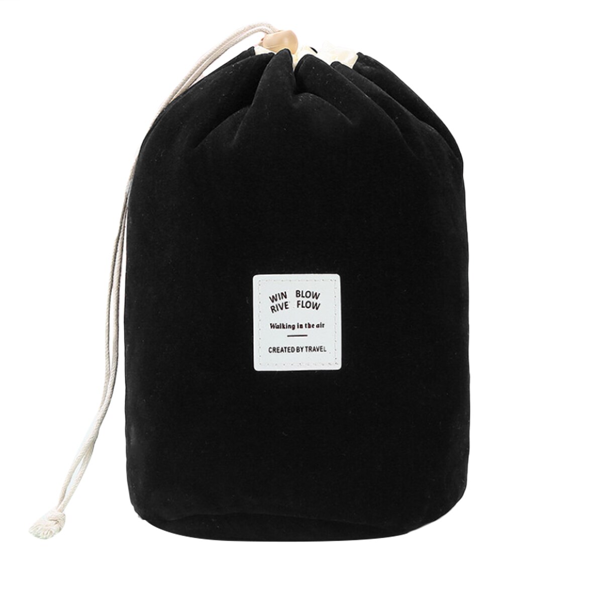 Flannel Cylinder Drawstring Storage Bag Large Capacity Convenient Travel Cosmetics Storage Bag: Black