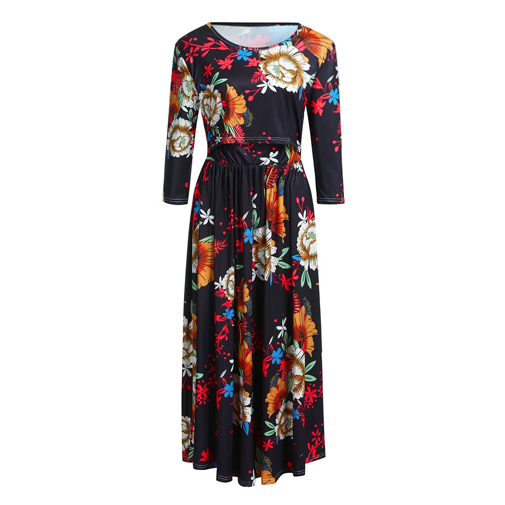 Vrouwen Zwangerschap Jurk Bloemen Bloemen Jurk Moederschap Baby Verpleging Kleding Zwangere Vrouw Katoen Gestreepte Borstvoeding Lange Jurk: Black  / M