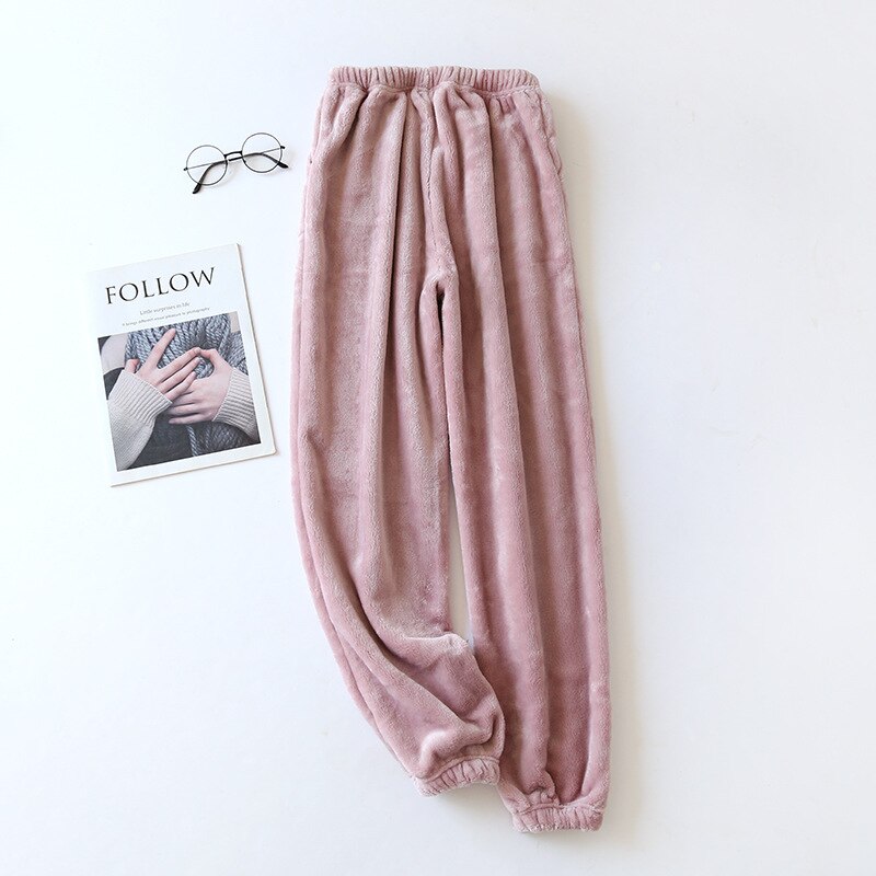 Winter Sleeping Trousers Flannel Fleece Warm Sleep Bottoms Solid Color Pants Casual Lounge Pants With Pockets