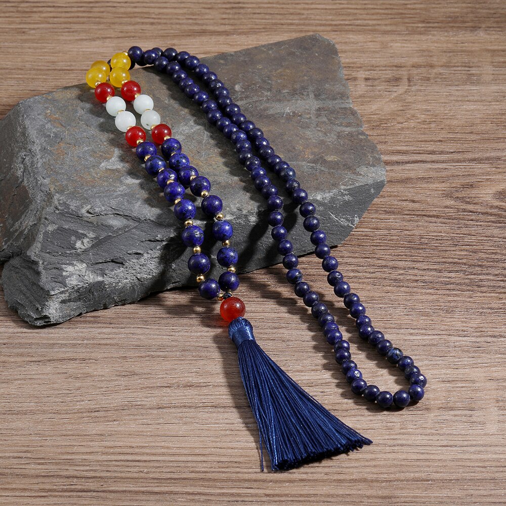 OAIITE pierre naturelle mat Lapis perles noué à la main collier à la main bleu gland Yoga bijoux méditation prière Mala collier