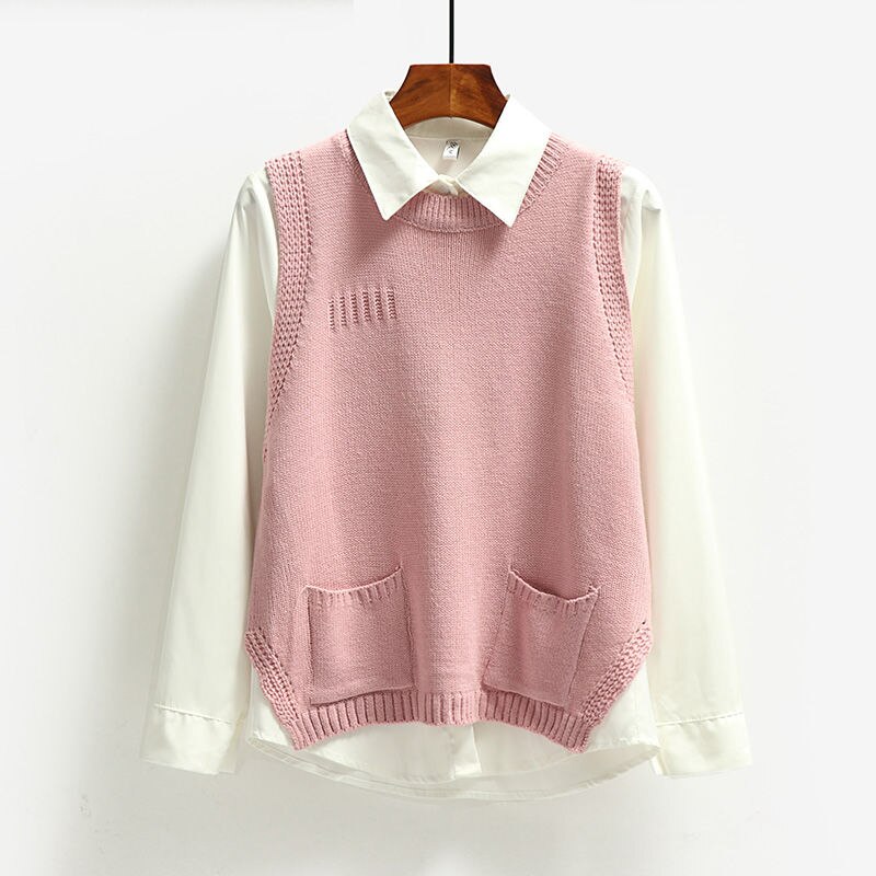 Solid ydre slid rund hals strik vest korte kvinder efterår og vinter koreansk ærmeløs vest sweater: Lyserød