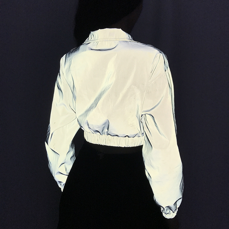 Weekeep streetwewar cropped reflekterende jakke kvinder løs pullover lynlås turn down krave jakker elastisk talje bomber jakke