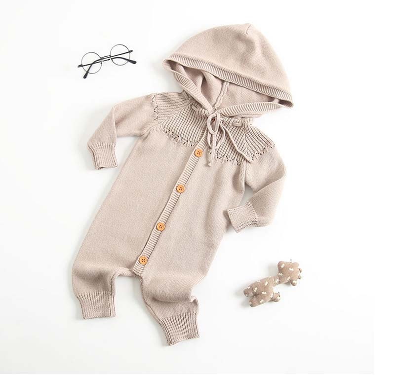 Barboteuse en tricot pour bébés filles | Chandail solide à capuche, manches longues, combishort ajouré, ensemble