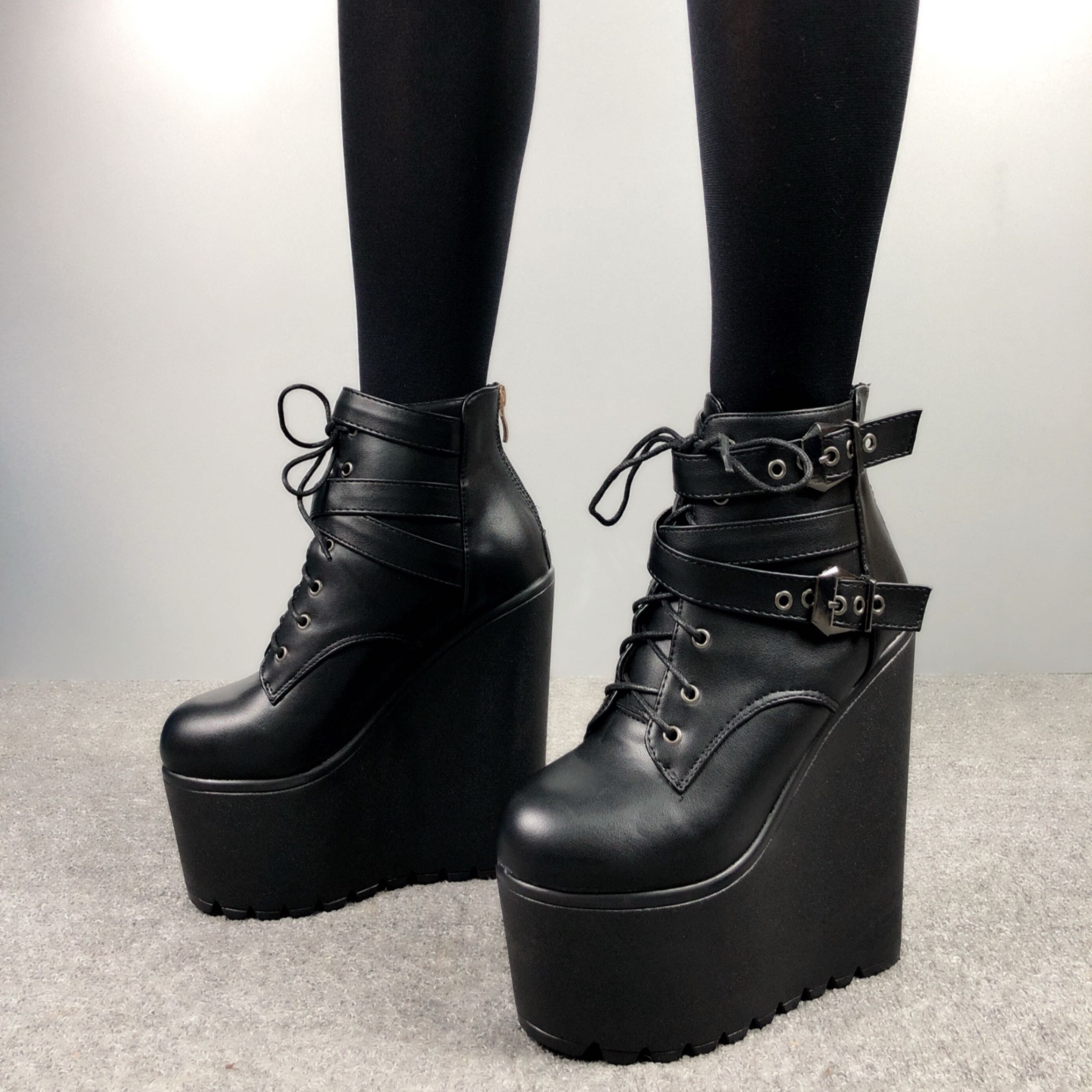 Wedges Ankle Boots White Black Rubber Sole Shoes Platform Boots Women Lacing Autumn Platform Heels Shoes Heel 16 cm