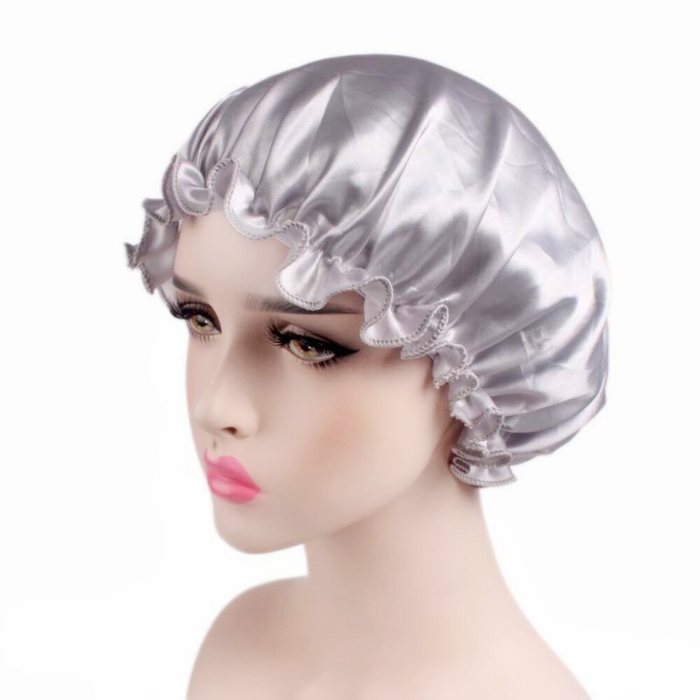 Solid Color Long Hair Care Women Satin Bonnet Cap Night Sleep Hat Silk Head Wrap Adjust Shower Caps Knitted Cap 58cm: 18