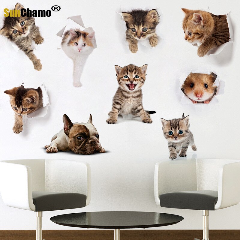 Grappige Hond Kat 3d Gat Wc Stickers Voor Wasruimte Huis Decoratie Diy Ainimals Pvc Muurschilderingen Cartoon Puppy Kitten Kids decals