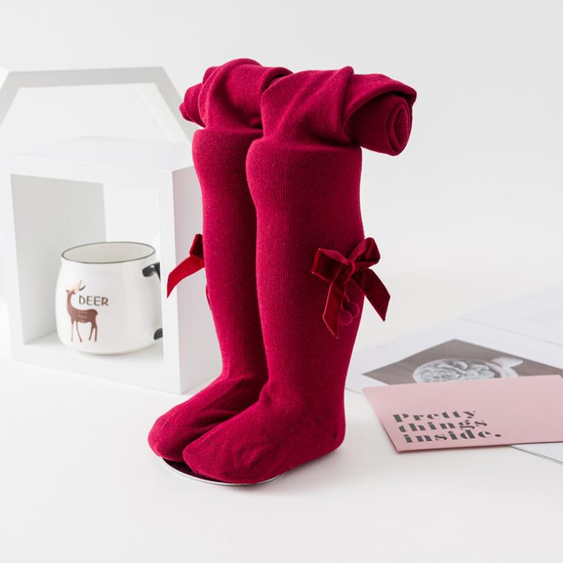 0-24M Kinderen Lente Herfst Fluwelen Strik Panty Katoenen Baby Meisjes Panty Kinderen Gebreide Baby Collant Panty Voor meisjes Sok: wine red / 0 to 12m