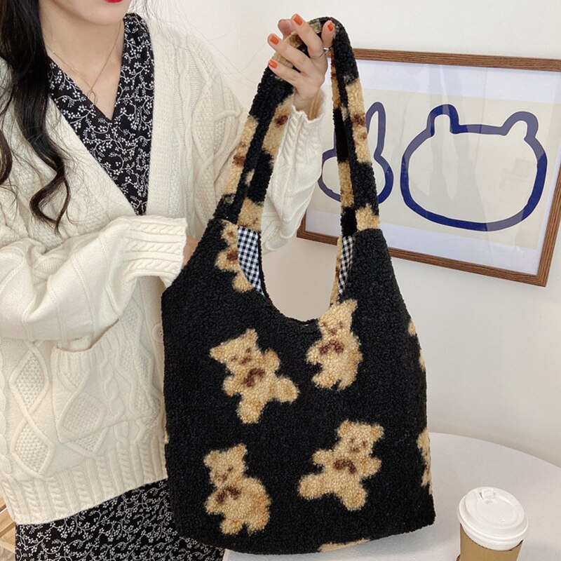 TrendyGal Ins Style Lait Double Face en Coton Sacs À Bandoulière avec Ours Imprimés Printemps Femmes Décontracté Fourre-Tout À Carreaux Style Sacs À Main