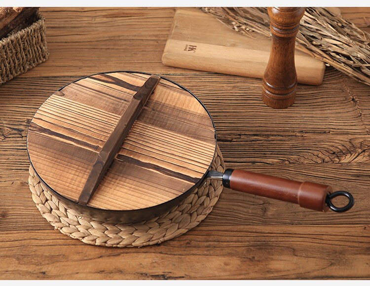 Fogão a gás tradicional chinês, de alta qualidade, wok feito à mão, não aderente, panela não revestida, indução, fogão a gás: 28cm / Wok and wooden lid