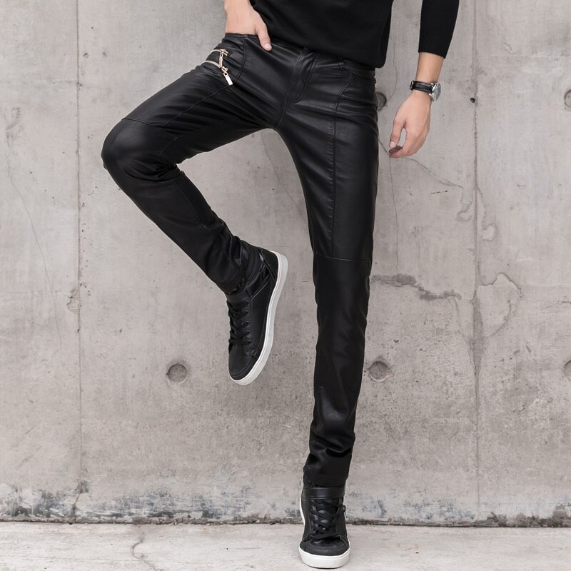 Pantalones vaqueros de piel sintética para hombre, pantalón vaquero, entallado, Punk, para escenario, motociclista