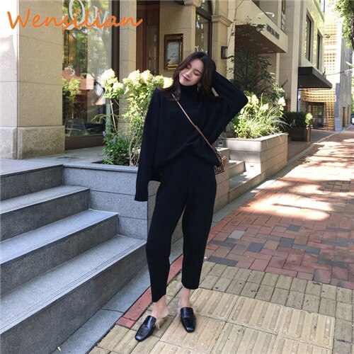 Women's Tracksuit Set - Knitted Turtleneck Pullover - 2 Piece Casual Outfit