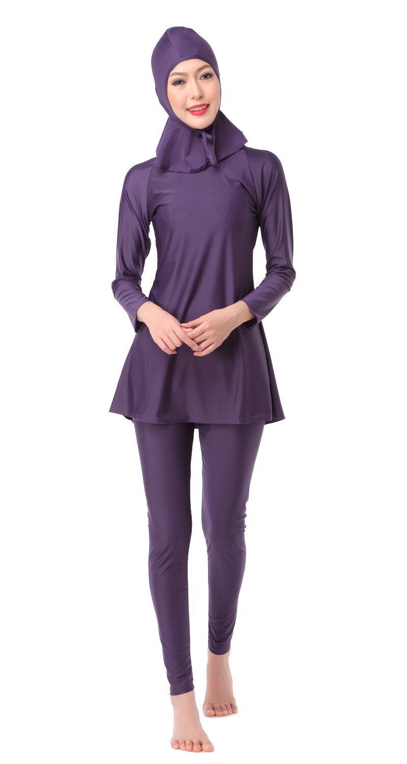 Frauen Islam muslimischen badeanzug langarm t-shirt + pants + kappen badeanzug weibliche Arabischen badende anzug volle abdeckung blau lila