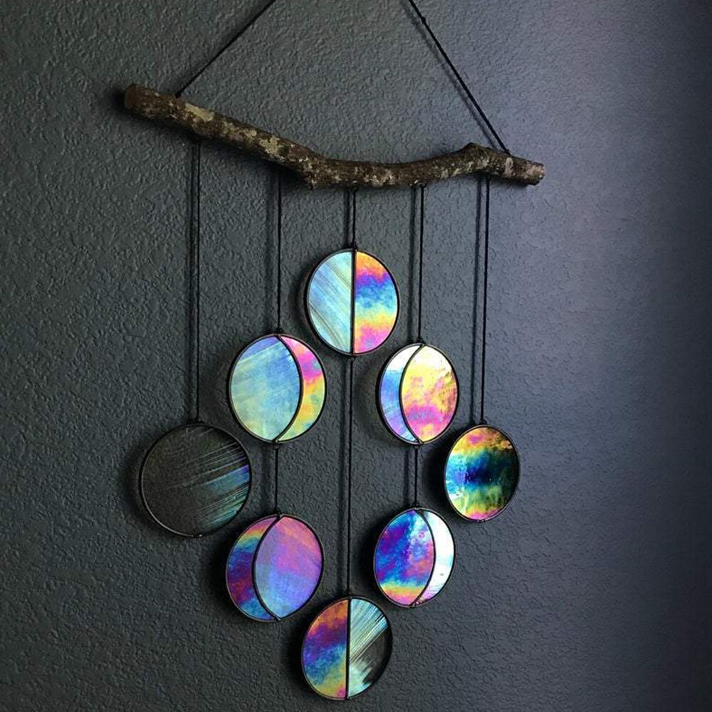 Decoración de pared de fase lunar, carillón de viento, plexiglás tintado, transparente y arcoíris, iridizado, fase lunar, colgante de arte Celestial
