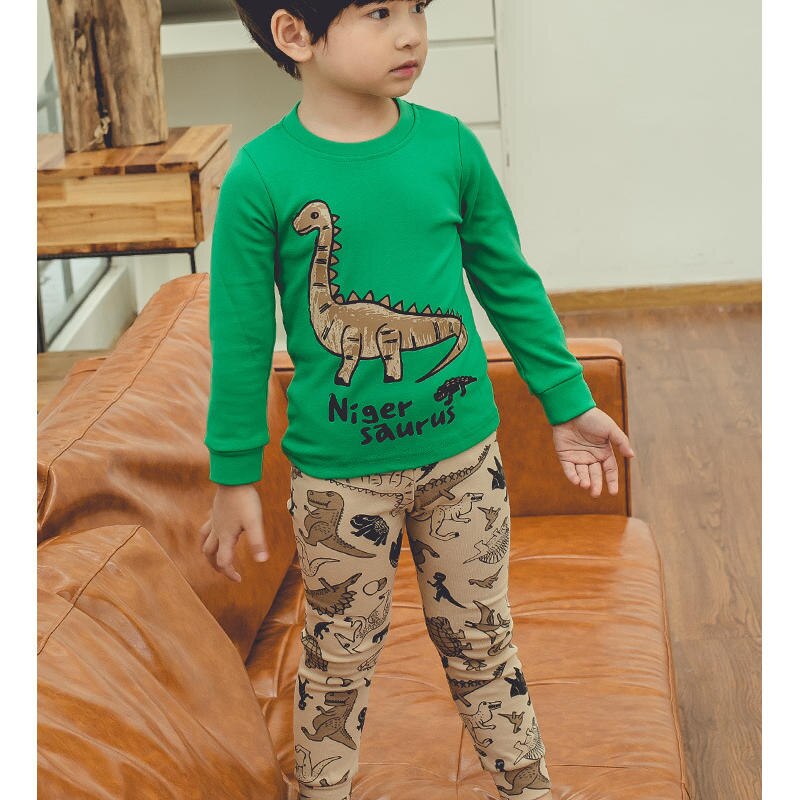 Kids Boys Cotton Blend Long Sleeve Dinosaur Print Round Neck Thermal Underwear Two-Piece Long Trousers Outfit Clothes Set