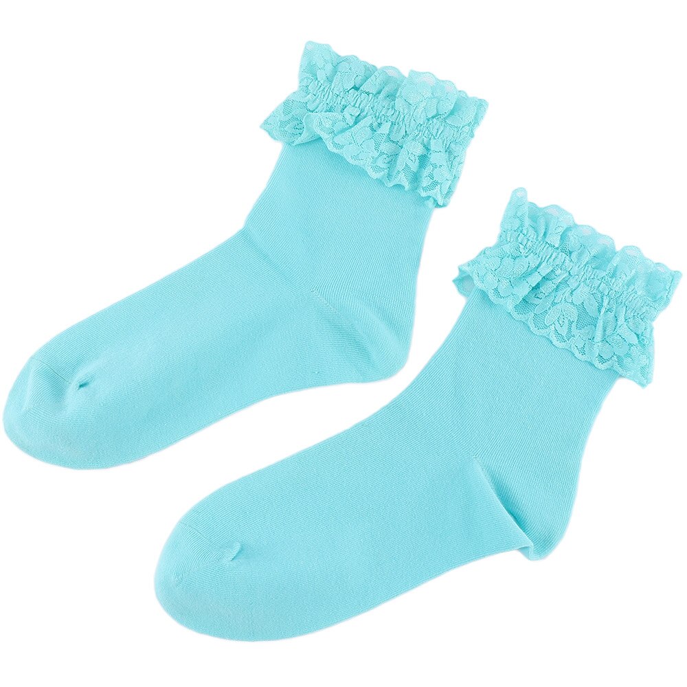 Women Vintage Lace Ruffle Frilly Ankle Socks Ladies Princess Girl Soild Color Cotton Socks 6 Color Available Harajuku: Sky Blue