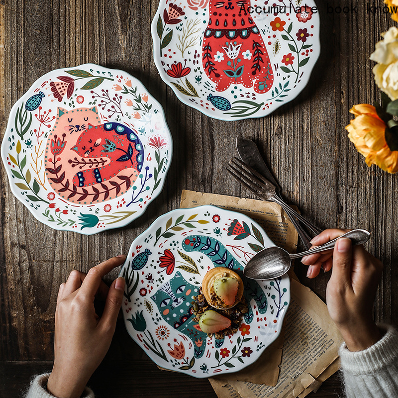 Neue 8 zoll Bunte Katze Abendessen Platte Unter-glasierte Keramik Abendessen Gerichte Nachtisch Tablett Blume Kätzchen Geschirr Mikrowelle Sicher