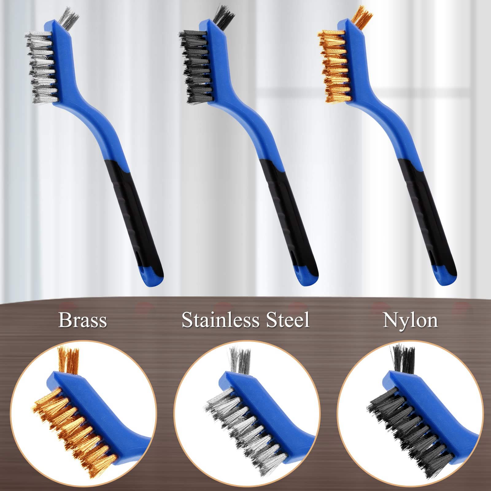 3Pcs Wire Brush Set, Wire Brushes for Cleaning Rust Removal，Brass/Nylon/Stainless Steel Brush with Curved Handle Grip: Blue