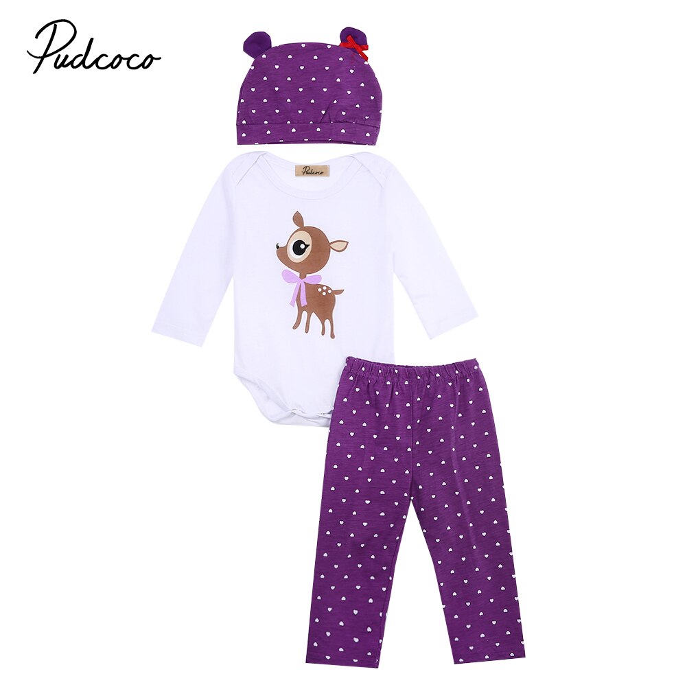 Emmababy 100cm puuvillaa vauvanvaatteita printti 3 kpl lasten vauvan tytöt pojat unisex täyshihainen body+raidalliset housut+hattuasut setit: Violetti / 80
