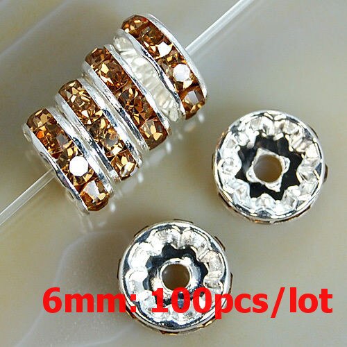 6mm 100 sztuk Metal srebrny Plated kryształ Rhinestone Rondelle koraliki dystansowe luzem koraliki dla DIY akcesoria do wyrobu biżuterii Supplie: Yellow