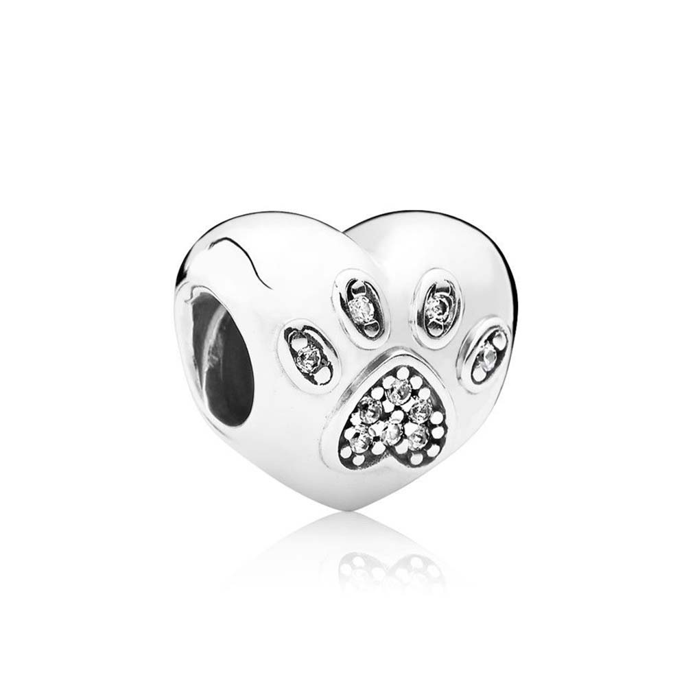 PDB ZZ 12 Pure Silver 925 Beads with 1:1 Heart-shaped Paw Print Pink Princess Ribbon Brilliant Butterfly Knot for Pan Bracelet