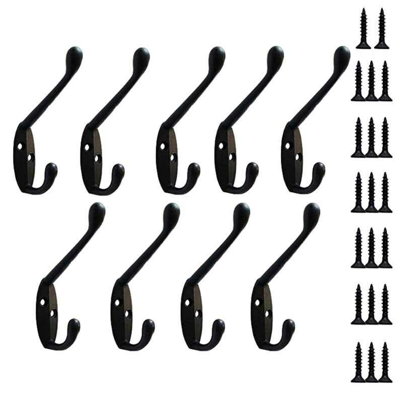 Ganchos de pared para sombreros, colgador Retro de doble punta con 20 tornillos (negro/dorado), montado en la pared, paquete de 9 Uds.: Black