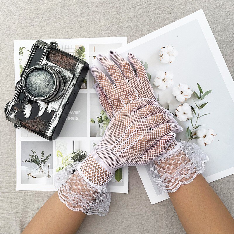 Women Summer Uv-proof Sun Protection Driving Gloves Bridal Mesh Fishnet Lace Flower Gloves Mittens Full Finger Hand Sleeve 2022: Style 02 White